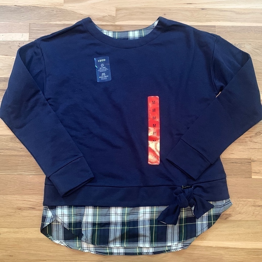 Nwt Izod Long Sleeve Tie-Front 2-Fer Sweatshirt Peacoat Navy Blue Plaid Women M